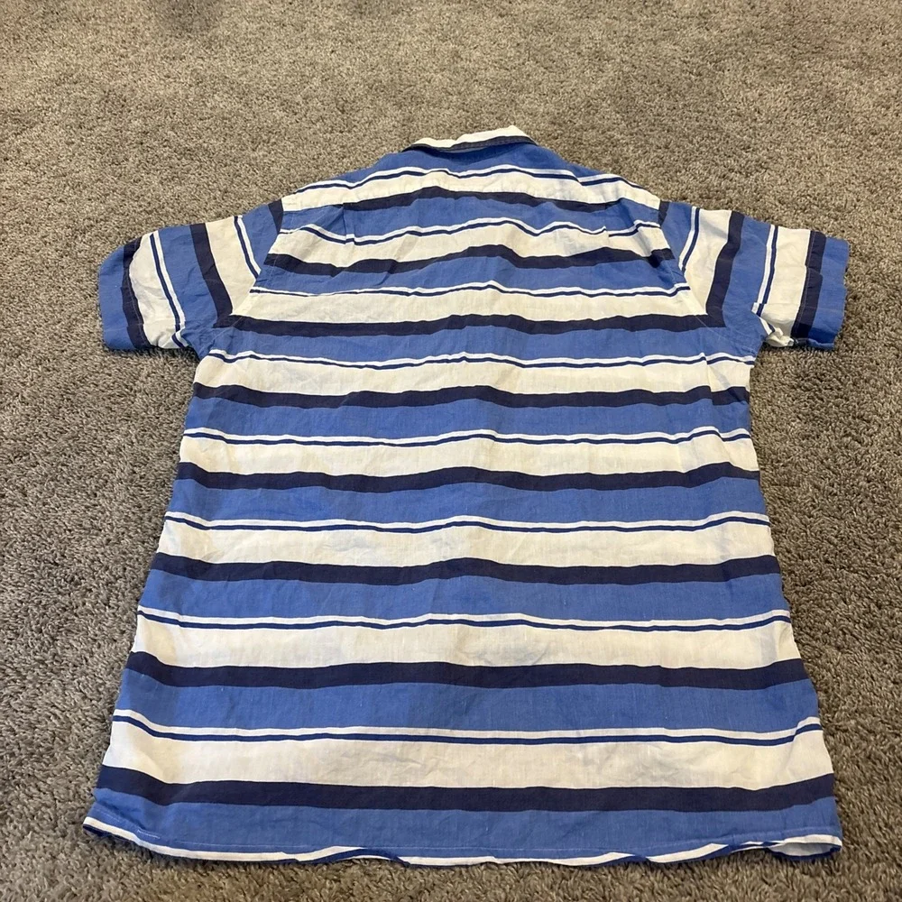 Polo Ralph Lauren Shirt XL Blue Stripe Short Sleeve Button Up Linen Loop Collar